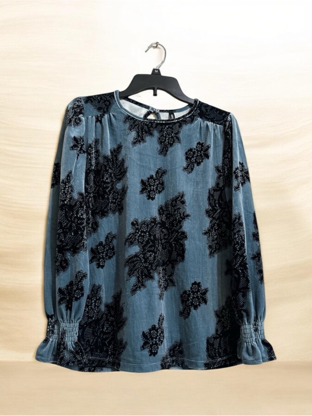 Blue Velvet Burnout Floral Long-Sleeve Top